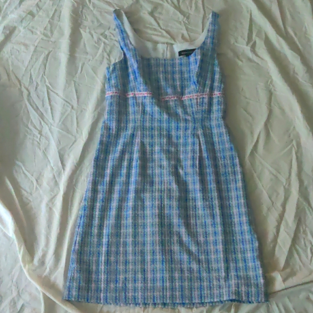 A polyester and cotton searsucker blue and pink plaid sundress with kerchief.